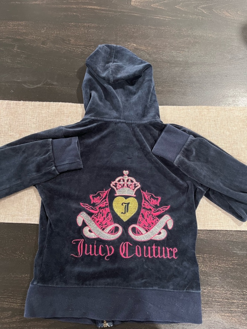Vintage Juicy Couture Navy Velour Hoodie with Pink & Gold Crest